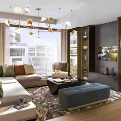 A luxurious living room design where I've used a sectional sofa, a unique geometric chandelier, and integrated shelving with accent lighting. This space is designed for comfort, conversation, and enjoying the city view.