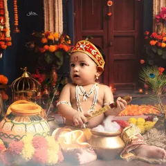 This baby looks so curious in his Krishna costume, sitting amidst a colorful setup with smoke effects coming from a pot of 'butter'.