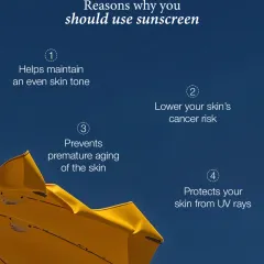 This graphic outlines four key reasons to use sunscreen: it helps maintain an even skin tone, lowers cancer risk, prevents premature aging, and protects your skin from UV rays.