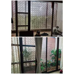 This before-and-after shows an indoor landscaping project for a courtyard visible from the living room, turning a barren patch into a small private garden.