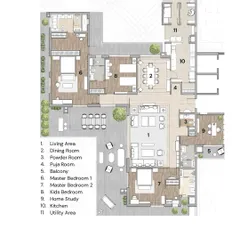 The floor plan for the Max128 apartment reveals our approach to creating open, flowing layouts. The design connects the living, dining, and outdoor deck areas to form a cohesive space for family life and social gatherings.