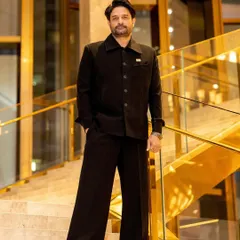 An actor par excellence. Jaideep Ahlawat in a custom all-black look for IFFM Melbourne. The structured jacket and wide-leg pants create a powerful, modern silhouette.