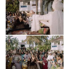 A fun collage showing the bride's unique entry on a scooter, surrounded by her cheering friends and family. This captures the personality and energy of the event.
