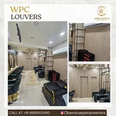 Another view of a salon project, where our light wood-grain WPC louvers provide a seamless and sophisticated look across the walls and doors.