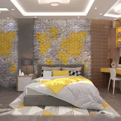An industrial-chic room for a travel enthusiast, featuring a world map mural on a brick accent wall. The bold yellow accents in the bedding and desk create a vibrant, energetic space.