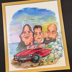 A joyride full of love and laughter! This framed caricature shows a super cute family cruising in their convertible, capturing their bond and sense of adventure.