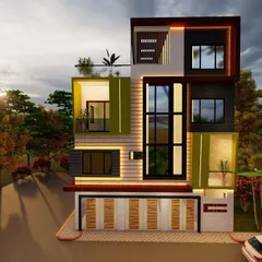 A 3D concept for an independent luxury bungalow in Bangalore. The design plays with geometric shapes, using cantilevered balconies and bold green accents to create a dynamic and contemporary facade.