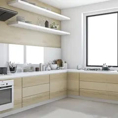 Open floating shelves are a great way to keep everyday items within easy reach. In this design, they create a light, airy feel and provide a space for both practical storage and decorative plants.