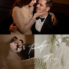 A beautifully designed collage from a stylish engagement session, blending close-up romantic shots with artistic text overlays.