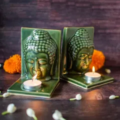 A pair of my ceramic Buddha tealight holders styled together. They create a serene and balanced display, perfect for a meditation corner, entryway table, or as unique bookends on a shelf.