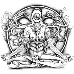 The finished ink drawing of "Tara," a meditative figure in a lotus pose. Her body is a vessel for surreal visions, with large eyes emerging from her head, representing a state of higher consciousness.