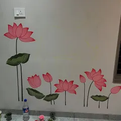 A work in progress view of the lotus flowers for the pooja room mural. I paint each petal and leaf to create a sense of calm and purity, framing the sacred space with natural beauty.