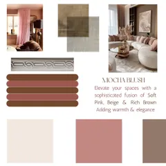 Our "Mocha Blush" moodboard showcases a sophisticated fusion of soft pink, beige, and rich brown. These hues can be mixed and matched to create nuanced interiors that radiate warmth, elegance, and comfort.