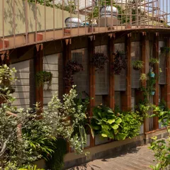 This view shows the terrace garden nestled beside the home's upper level. The design incorporates planters and green walls along the facade, making the garden an essential element of the architectural experience.