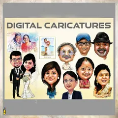 A showcase of my digital caricature work. This collage shows the variety of faces and styles I can create, from solo portraits to couples and groups.