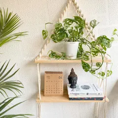 Function meets beauty with my two-tier macrame hanging shelf. It’s perfect for displaying your favorite plants, books, or little treasures while saving space and adding a lovely bohemian touch to your wall.