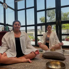 A moment of deep relaxation during a sound healing session. I use Tibetan bowls to create vibrations that help calm the mind and balance the body's energy centers.