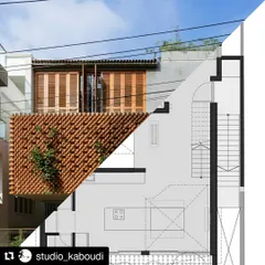 This composite image shows the relationship between the final built form and our architectural plan. It illustrates how the design of the brick facade corresponds to the layout of the interior spaces, particularly the open-plan kitchen and living area.