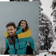A fun piggyback ride through a forest of snow-covered pines. This collage captures the playful spirit of a winter engagement session.