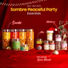 A full view of our Sombre & Peaceful Party Essentials combo. It's packed with snacks, mukhwas, dips, and special spice blends, making it the perfect all-in-one solution for a calm yet flavourful celebration.