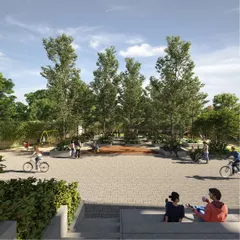 I envision community spaces that are active and full of life. This illustration shows a central plaza designed for various activities, from cycling to casual gatherings, framed by tall trees that provide shade and a sense of enclosure.