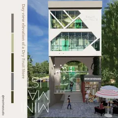 The daytime elevation concept for the "Sanjay Dry Fruits" store. The design features a striking abstract glass facade that allows natural light to pour in, while the ground floor has an open, welcoming entrance with a small cafe seating area.