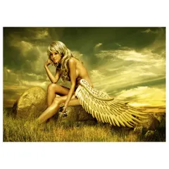 "Resting Angel," a conceptual piece that blends beauty and surrealism. The image was created to evoke a sense of mythology, with golden light and wings transforming the landscape into a dreamlike scene.