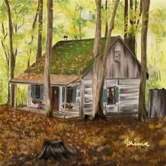 The final colored illustration of the 'Cozy Cottage'. Comparing it to the initial sketch shows how color transforms the scene, adding warmth and a sense of season to the peaceful woodland setting.