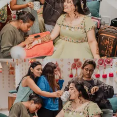 A glimpse into the mehendi process. While I focus on the intricate art, the bride is surrounded by friends and family, sipping chai and enjoying the pampering. It's a team effort.