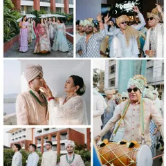 A collage capturing the energy of the groom's baraat, from dancing with friends to receiving blessings from his mother and playing the dhol.