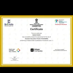 You are hiring a qualified professional. This is my certificate as an Assistant Decorative Painter, recognized by Skill India and the Government of India. This certification is your assurance that I have the proven skills for high-quality decorative painting and professional conduct.