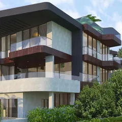 Another perspective of a villa at Evara. The design features cantilevered roofs and glass-railed balconies, maximizing views and creating a dynamic architectural form.
