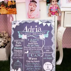 A personalized chalkboard sign for a first birthday. These signs are a wonderful keepsake, capturing all the favorite things and milestones of the birthday girl.