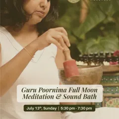 This poster announces our Guru Poornima Full Moon gathering, a sacred evening combining meditation and an immersive sound bath. It is a special event to honor the teachers and masters on our spiritual journeys.
