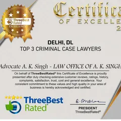 I am pleased to share this Certificate of Excellence for 2024, recognizing my practice as one of the top three for criminal cases in Delhi.
