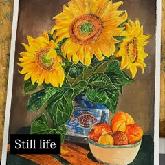 This beautiful still life of sunflowers in a vase is an example of an advanced acrylic project. The student has masterfully captured the texture of the petals and the reflection on the vase.