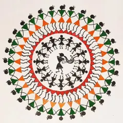 A classic Warli painting depicting the tarpa dance. In our workshops, you will learn the symbolic language of this tribal art form, using simple geometric shapes to tell stories.