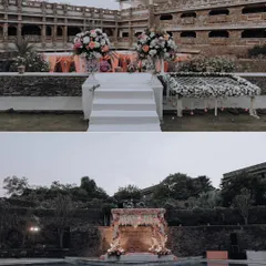 A collage showing the transformation of the venue from a daytime ceremony setup to a beautifully lit poolside mandap at dusk.