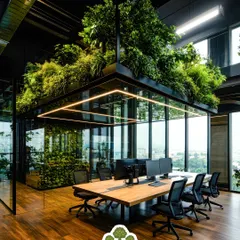 We brought the outdoors in for this modern office conference room. A suspended ceiling garden creates a stunning biophilic feature, improving air quality and fostering a calm, focused environment for meetings and collaborative work.