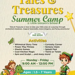 The "Tales & Treasures" Summer Camp at Little Unicorn's School, where every story is a new adventure. This camp includes story time, fitness, kitchen magic, and sensory play for kids aged 1.5-7.
