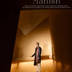 A dramatic and stylish portrait of the groom in a modern, architectural space. The lighting and composition create a powerful, high-fashion look.