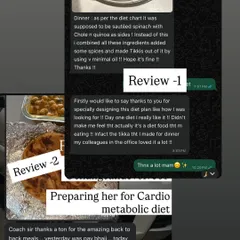 This client review highlights how my specially designed diet plan felt enjoyable, not restrictive. She even shared her tikki dinner with colleagues who loved it, proving healthy food can be delicious.