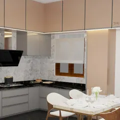 A 3D render of a modern kitchen and dining setup. The L-shaped kitchen features grey and beige cabinets, a black granite countertop, and an adjoining dining table for a compact and efficient layout.