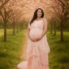 A fairytale-like portrait of a mom-to-be in a pink gown, standing on a path surrounded by blooming pink trees.