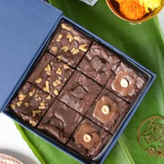My Assorted Brownie Box for Rakhi, featuring a delicious mix of Walnut, Double Chocolate, and Nutella brownies.