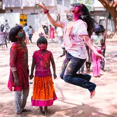 Capturing the peak of Holi fun. This is the kind of high-energy, joyful moment I love to create at festival parties, getting everyone, including the kids, to jump, dance, and celebrate with color.