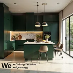 We design energy, not just kitchens. This modern modular kitchen showcases a bold, matte green finish, a functional island with seating, and integrated lighting that makes the space both a culinary workshop and a stylish hub for the home.