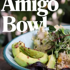 A closer look at our 'Amigo' Superfood Bowl. See the creamy avocados, tangy quinoa, and sweet dates come together in a dish that's as delicious as it is nutritious.