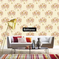 A stylized floral tree wallpaper in a living room setting, creating a playful yet elegant feature wall.