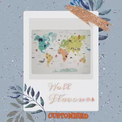 A world map is a fantastic and educational choice for a kid's room wall. This design features colorful continents and animals, making learning about geography fun.